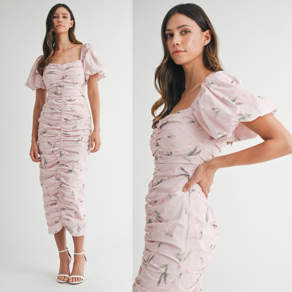 Mable Blush Pink flirty feminine floral rusched dress size Large L new - Picture 2 of 14